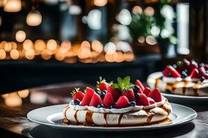 deze tekst is over een heerlijk toetje gebeld pavlova en waarom het is zo mooi zo en significant er is een mooi hoor restaurant achter deze plaats ai gegenereerd foto