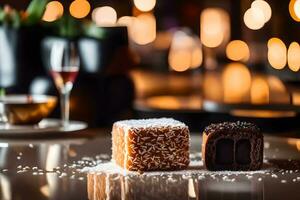 wat staat uit de meest in deze afbeelding zijn de lamingtons ze zijn in de voorkant er is een Super goed restaurant u kan zien over- Daar ai gegenereerd foto