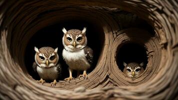 nieuwsgierig twee baby uilen binnen boom gat nest gluren uit van de gat. ai gegenereerd foto