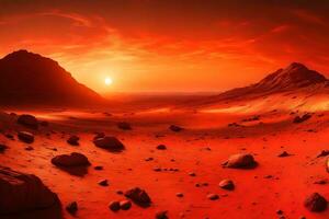 een afbeelding van de zonsondergang Aan Mars, waar de ver weg horizon is gekleurde in tinten van rood en goud ai gegenereerd foto