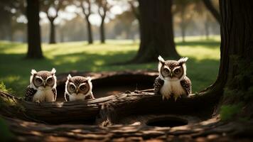 nieuwsgierig twee baby uilen binnen boom gat nest gluren uit van de gat. ai gegenereerd foto
