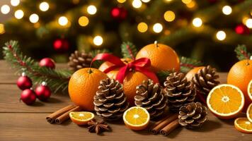 Kerstmis vakantie achtergrond feestelijk decoratie kaneel, dennenappels, en sinaasappels Aan een houten tafel. ai gegenereerd foto