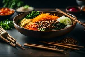 de camera is krijgen dichterbij naar bibimbap, een populair voedsel van Korea de Oppervlakte achter is niet Doorzichtig of moeilijk naar zien ai gegenereerd foto