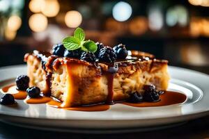 de camera krijgt dichterbij naar een zoet schotel gebeld brood pudding, en Daar is een mooi hoor restaurant in de afstand ai gegenereerd foto