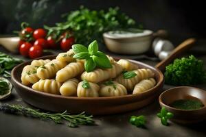 een heerlijk Italiaans aardappel knoedel gebeld gnocchi is Aan een oud keuken balie, met smakelijk kruiden verspreide dichtbij door ai gegenereerd foto