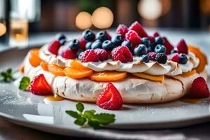 deze tekst is over een heerlijk toetje gebeld pavlova en waarom het is uniek of significant Daar is een mooi hoor restaurant achter deze plaats ai gegenereerd foto