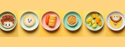 gezond voedsel pictogrammen in kommen Aan geel achtergrond. vector illustratie. generatief ai foto