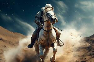 astronaut rijden een paard in de woestijn. 3d renderen een Mens rijden paard in woestijn met sterren in de achtergrond generatief ai foto