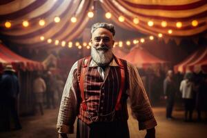portret van een grappenmaker Mens oud Mens in grappenmaker kostuum Bij de circus aan het wachten festival achter de schermen generatief ai foto