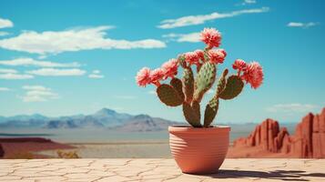 een cactus bloeiend in een pot Aan gebarsten grond. de achtergrond is woestijn en bergen. kopiëren ruimte. ai gegenereerd foto
