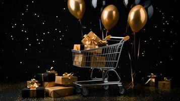 zwart vrijdag uitverkoop en online boodschappen doen concepten, mini boodschappen doen kar draag- met multi zwart en goud geschenk doos. ai gegenereerd foto