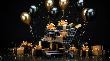 zwart vrijdag uitverkoop en online boodschappen doen concepten, mini boodschappen doen kar draag- met multi zwart en goud geschenk doos. ai gegenereerd foto