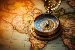 kompas Aan de oud kaart van de wereld. wijnoogst stijl, magnetisch kompas Aan wereld kaart.reizen, geografie, navigatie, toerisme en exploratie concept, ai gegenereerd foto