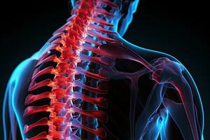 3d weergegeven illustratie van de menselijk skelet anatomie - rib kooi, mannetje pijn doen ruggegraat wervels pijn, 3d, ai gegenereerd foto