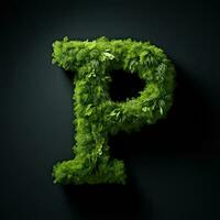 brief p met mos. groot zacht Woud lettertype. groen typografisch symbool gemaakt van bladeren. concept van comfort, natuur en ecologie. ai gegenereerd foto