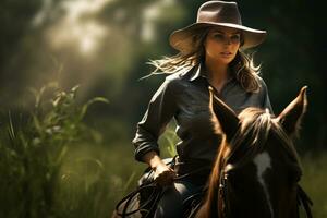 een vrouw boer is rijden een paard in de Woud in de dag met generatief ai foto