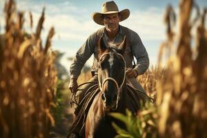 een mannetje boer is rijden een paard in de Woud in de dag met generatief ai foto