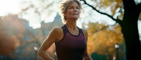 midden- oud vrouw jogging training Bij de park. gezond levensstijl concept. ai generatief foto
