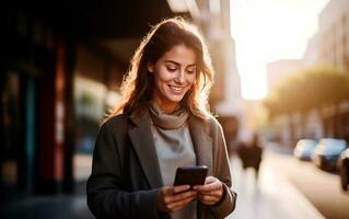 vrouw gebruik makend van smartphone Aan de straat terwijl lachend. ai generatief foto