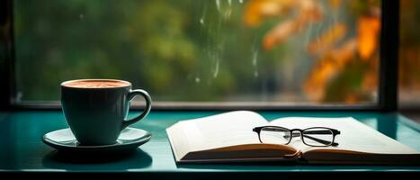 Open boek, oog bril en heet koffie De volgende naar de venster. banier van knus ochtend- met kopiëren ruimte. ai generatief foto