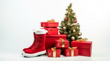 minimalistische samenstelling banier van de kerstman claus laarzen met Kerstmis cadeaus over- wit achtergrond. ai generatief foto