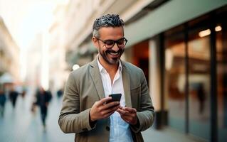 Mens gebruik makend van smartphone Aan de straat terwijl lachend. ai generatief foto