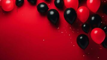 rood en zwart ballonnen over- rood achtergrond. zwart vrijdag concept. sjabloon mockup voor tekst, logo en Product presentatie. ai generatief foto