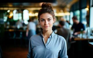 jong serveerster vrouw op zoek in camera. klein bedrijf restaurant baasje. foto