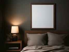 modern knus slaapkamer met blanco leeg foto kader Aan muur voor decoratief, ai gegenereerd