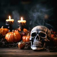 halloween decoratief Aan houten tafel top met wazig nacht tafereel achtergrond, ai gegenereerd foto