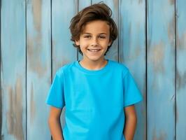 schattig jongen vervelend blanco leeg blauw t-shirt mockup voor ontwerp sjabloon, ai gegenereerd foto