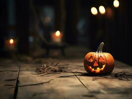 halloween decoratief Aan houten tafel top met wazig nacht licht tafereel achtergrond, ai gegenereerd foto