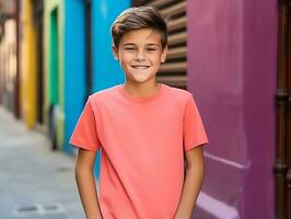 schattig jongen vervelend blanco leeg oranje t-shirt mockup voor ontwerp sjabloon, ai gegenereerd foto