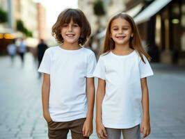 schattig broer of zus of vriend, jongen en meisje vervelend blanco leeg wit t-shirt mockup voor ontwerp sjabloon, ai gegenereerd foto