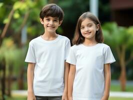 schattig broer of zus of vriend, jongen en meisje vervelend blanco leeg wit t-shirt mockup voor ontwerp sjabloon, ai gegenereerd foto