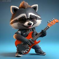 slim kat rockster 3d tekenfilm wasbeer karakter met een gitaar en koel tinten foto