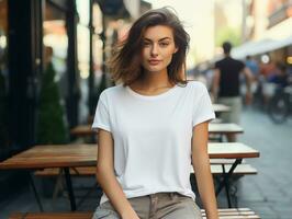 aantrekkelijk jong vrouw vervelend blanco leeg wit t-shirt mockup voor ontwerp sjabloon, ai gegenereerd foto