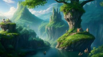 een toneel- fantasie wereld hd behang met drijvend eilanden, trapsgewijs watervallen, en drijvend kastelen foto