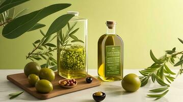 olijf- olie in een fles, groen olijven en olijf- boom takken ,druppel van olie plons. foto
