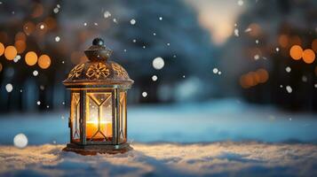 Kerstmis lantaarn licht Aan sneeuw achtergrond met Spar Afdeling in avond scène, ai gegenereerd foto