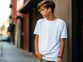schattig jongen vervelend blanco leeg wit t-shirt mockup voor ontwerp sjabloon, ai gegenereerd foto