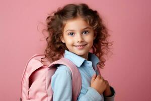 portret van een schattig weinig meisje met gekruld haar- en een roze rugzak Aan een roze achtergrond generatief ai foto