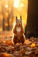 wild bruin eekhoorn met pluizig staart staand Aan herfst Woud pad. oranje boom bladeren in vallen stad park. natuur tafereel in zonsondergang mist. toneel- landschap met helder zonlicht. generatief ai foto