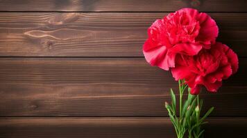 anjer bloem Aan hout achtergrond met kopiëren ruimte, ai generatief foto