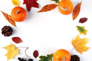 herfst achtergrond van bladeren, bessen en pompoenen. foto