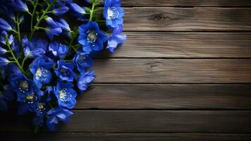 delphinium bloem Aan hout achtergrond met kopiëren ruimte, ai generatief foto