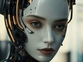 portret van een vrouw robot met koptelefoon. de concept van kunstmatig intelligentie. foto