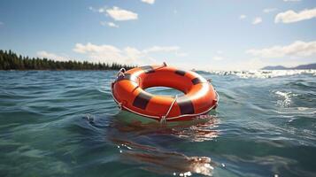 een afbeelding van reddingsboei drijvend in de zee Aan een zonnig zomer dag veilig concept. generatief ai foto