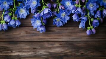 delphinium bloem Aan hout achtergrond met kopiëren ruimte, ai generatief foto