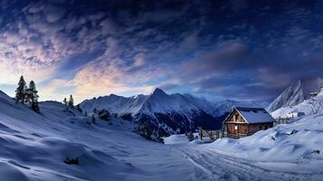 winter wonderland panorama, houten huis in besneeuwd bergen onder sterrenhemel lucht. generatief ai foto